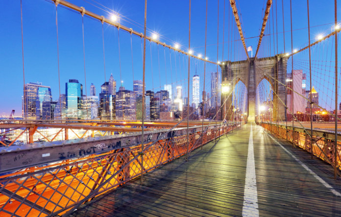 New York City, Brooklyn Bridge at night, USA