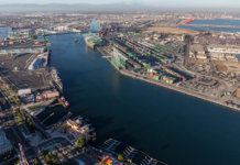 Afternoon aerial view of the main channel in the San Pedro area of Los Angeles harbor.