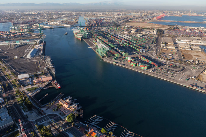 Afternoon aerial view of the main channel in the San Pedro area of Los Angeles harbor.