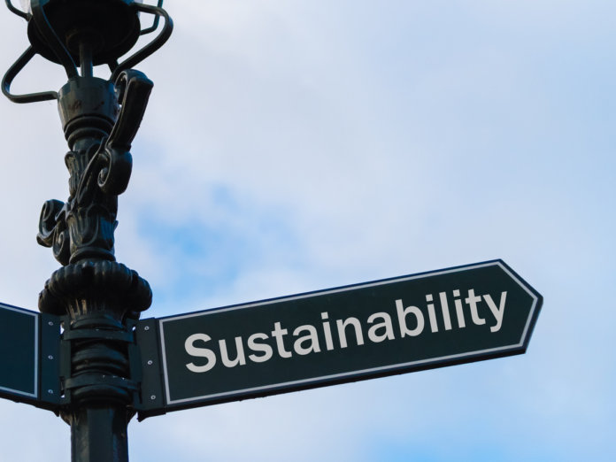 Street lighting pole with conceptual message Sustainability on directional arrow over blue cloudy background.